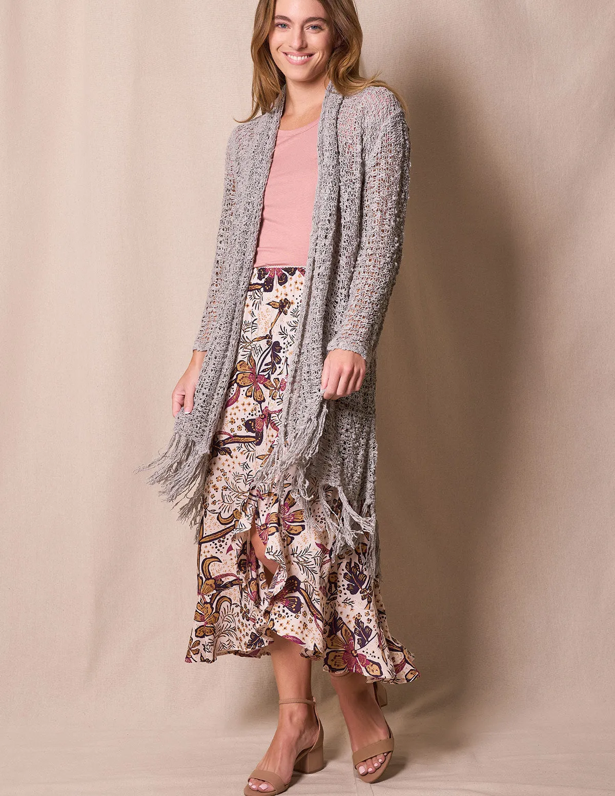 Floral Whispers: Slit Skirt & Fringed Duster Ensemble