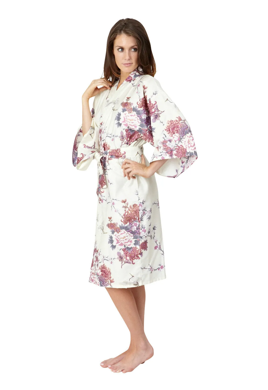 Flying Crane & Peony Short Cotton Happi Coat Kimono