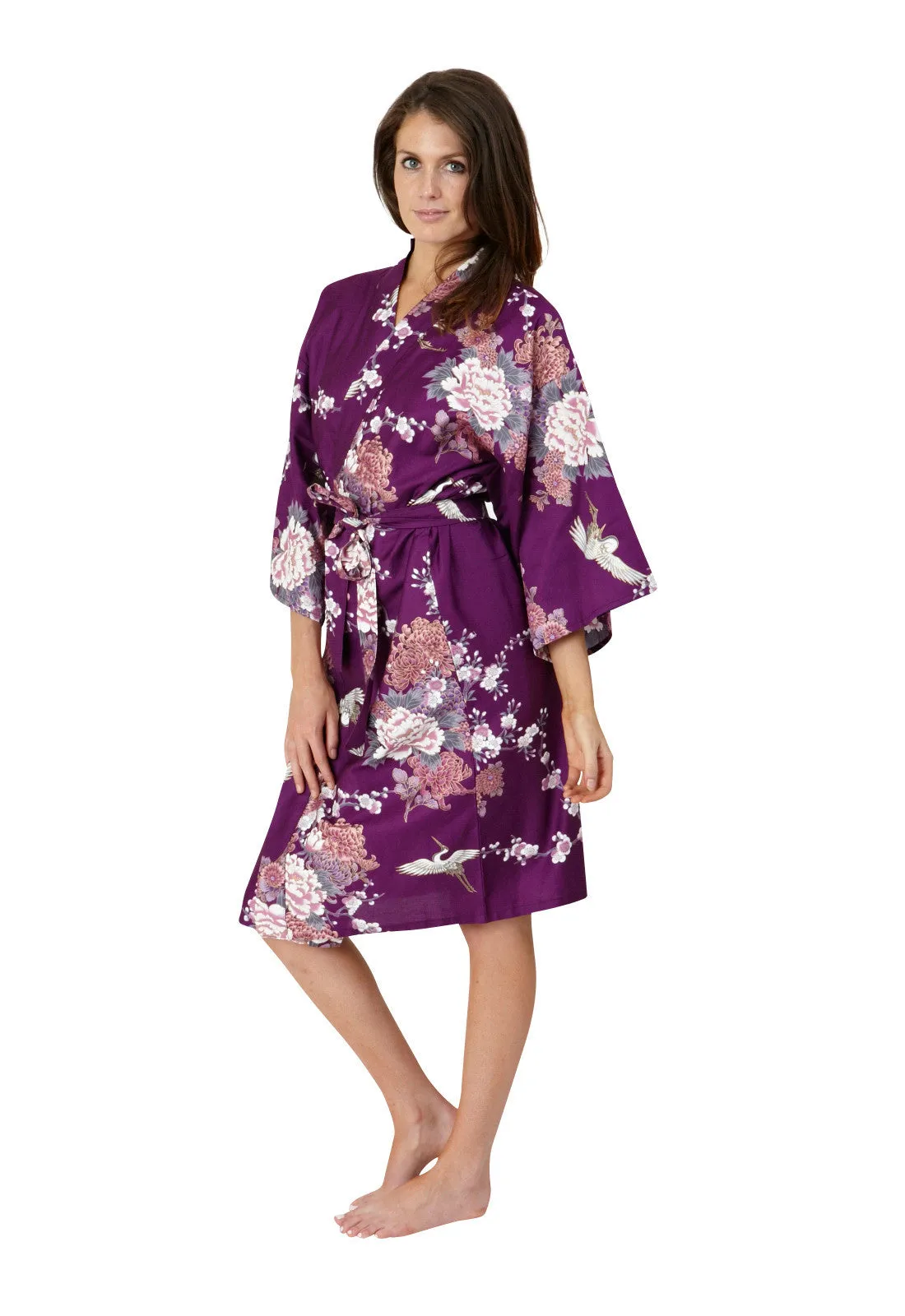 Flying Crane & Peony Short Cotton Happi Coat Kimono