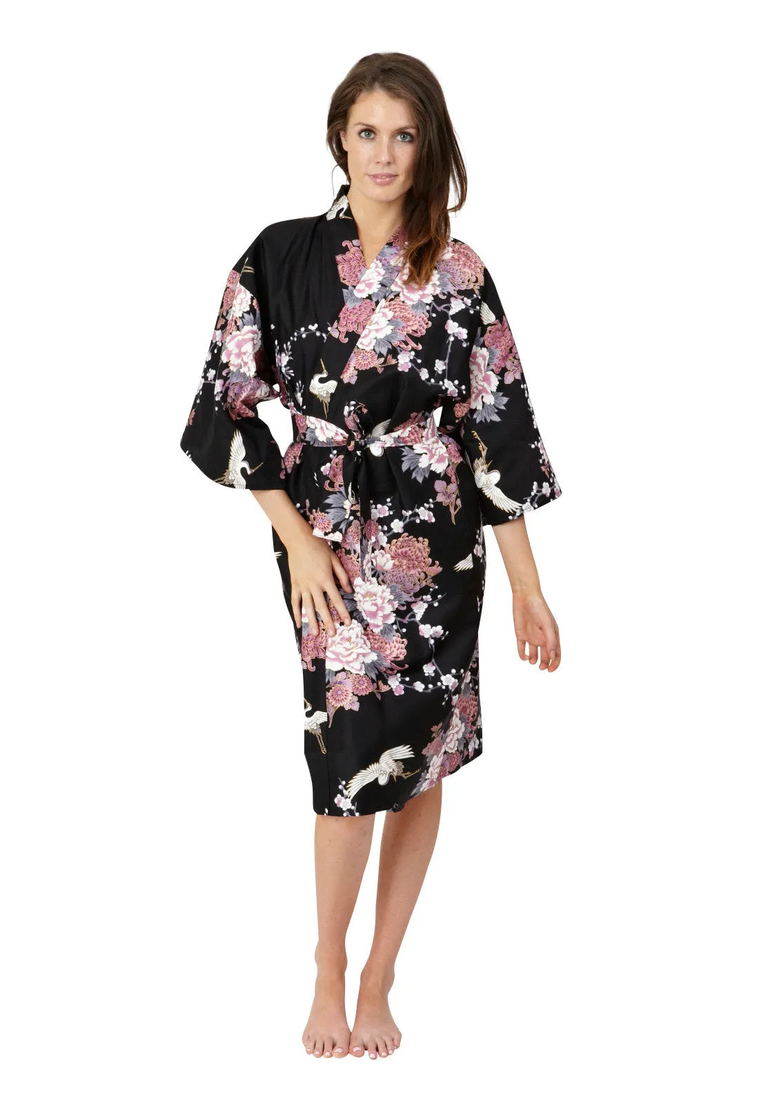 Flying Crane & Peony Short Cotton Happi Coat Kimono