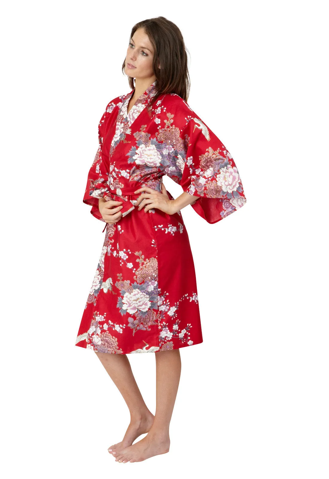 Flying Crane & Peony Short Cotton Happi Coat Kimono