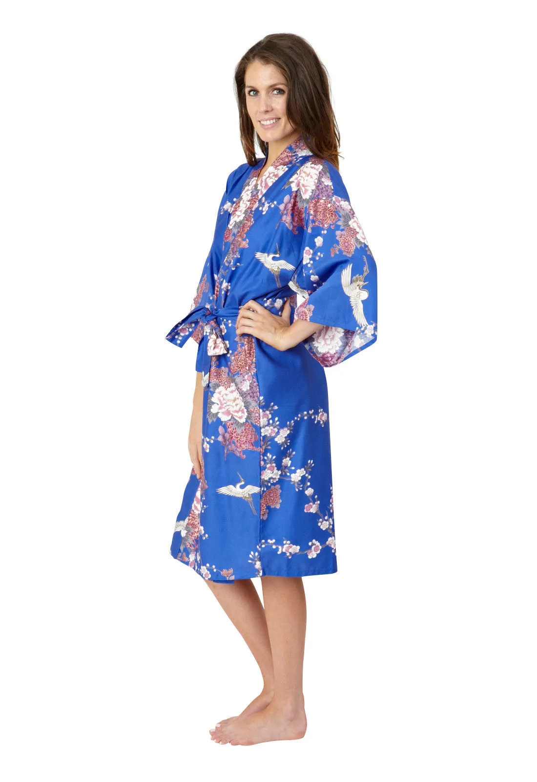 Flying Crane & Peony Short Cotton Happi Coat Kimono