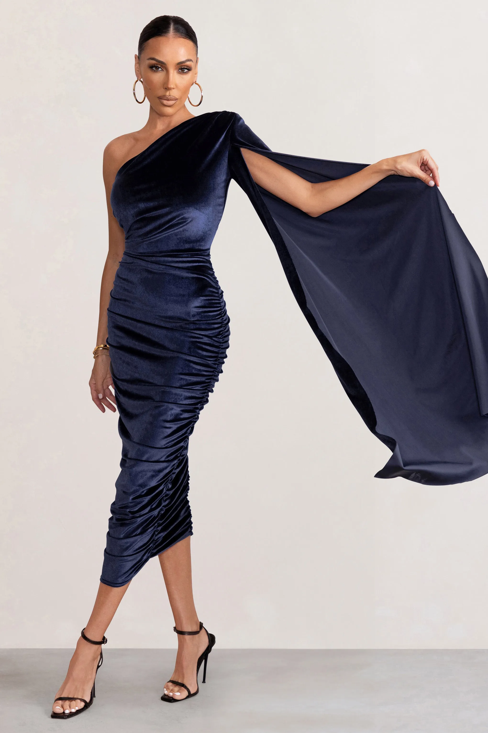 Gianna | Navy Velvet One Shoulder Cape Bodycon Midi Dress