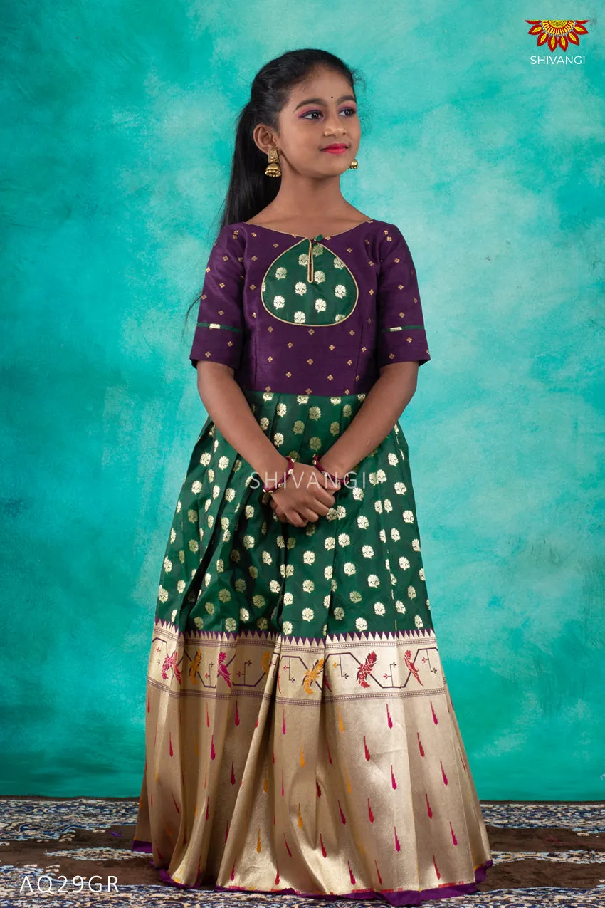 Girls Green Paithani hornbill Long Frock