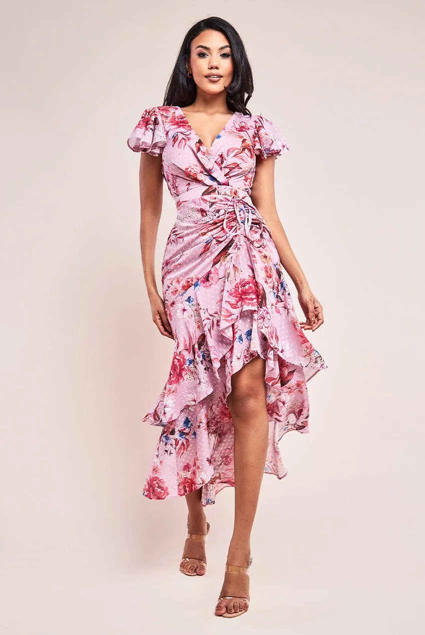 Goddiva Printed Wrap High And Low Tier Dress