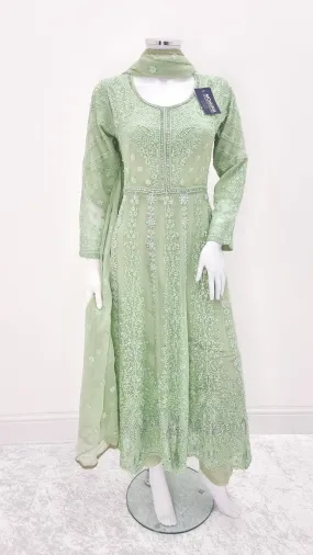 Green Embroidered Chiffon Frock Suit