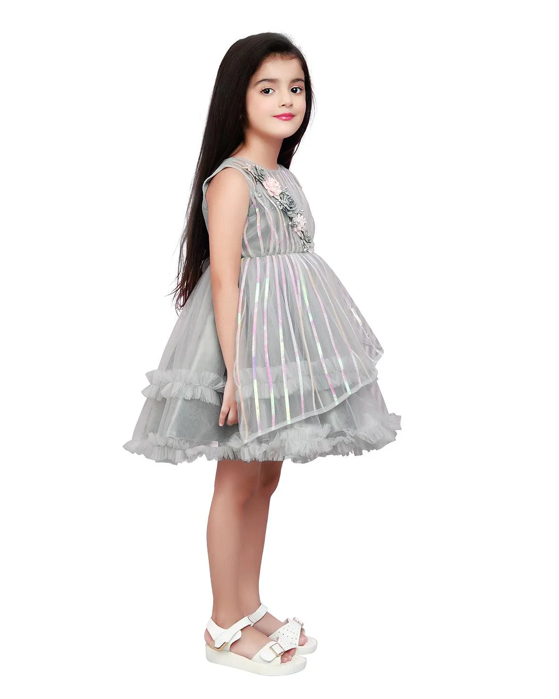 Grey Coloured Stripe Style Pattern Frock For Girls