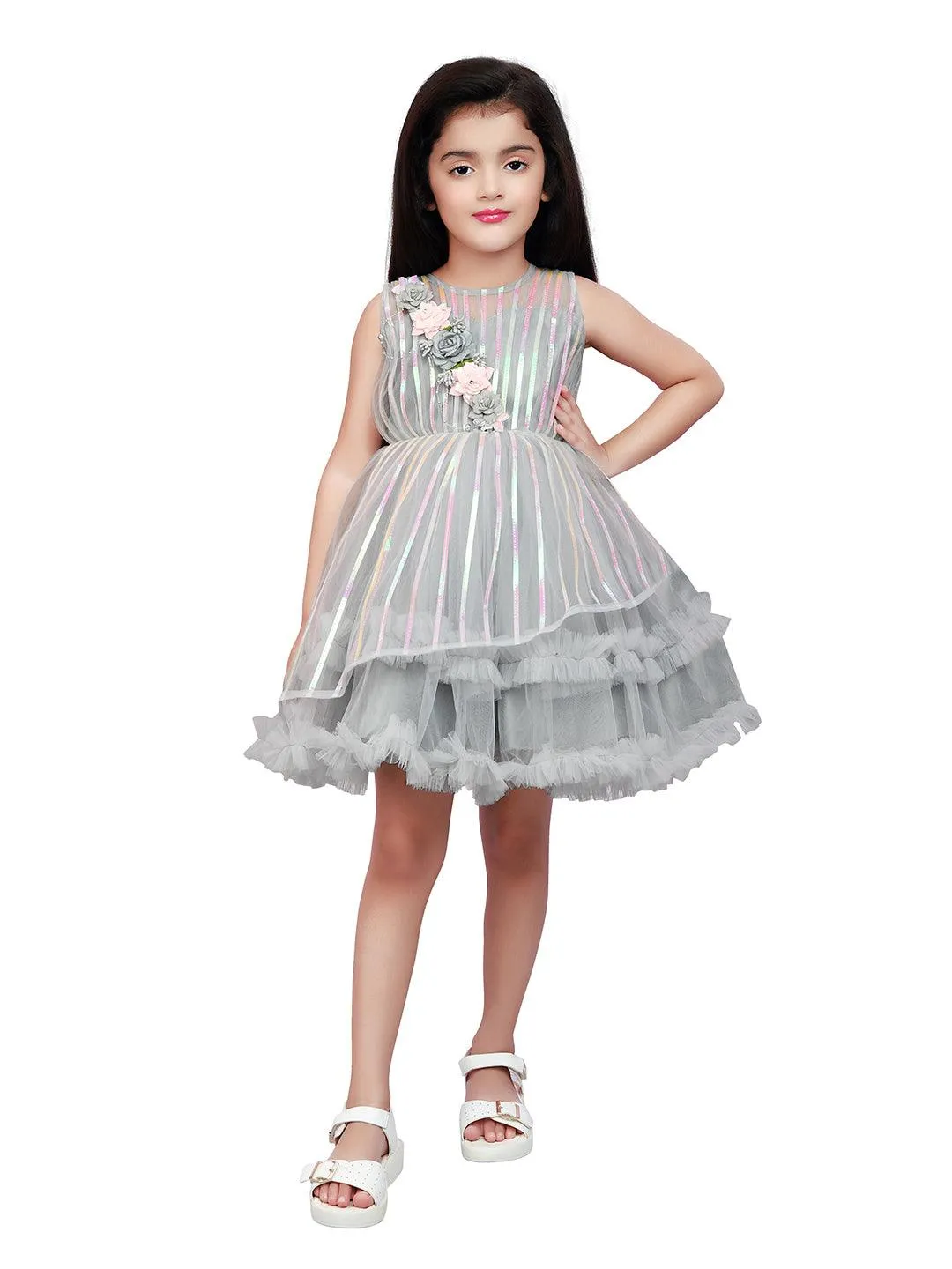 Grey Coloured Stripe Style Pattern Frock For Girls