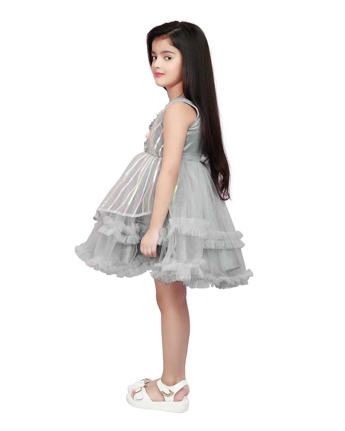 Grey Coloured Stripe Style Pattern Frock For Girls