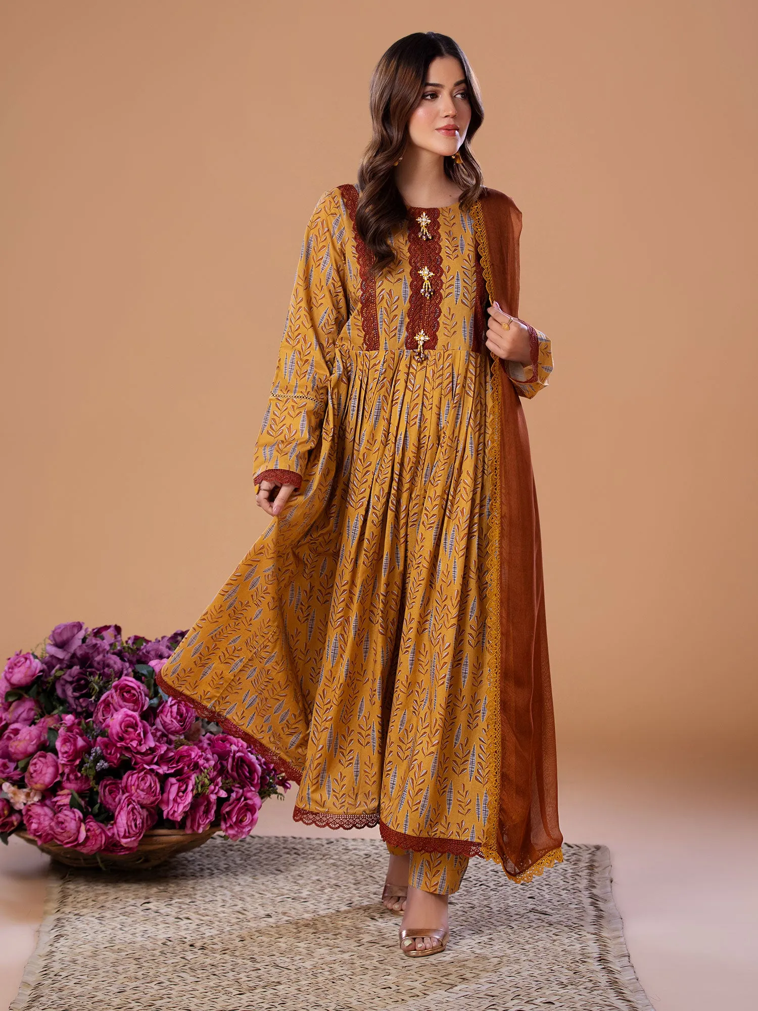 Heera's Brown Cambric 3-Piece Frock Suit