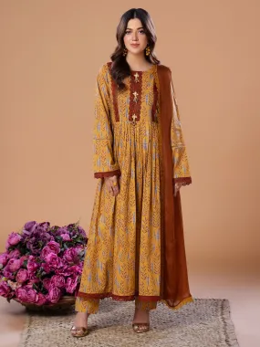 Heera's Brown Cambric 3-Piece Frock Suit