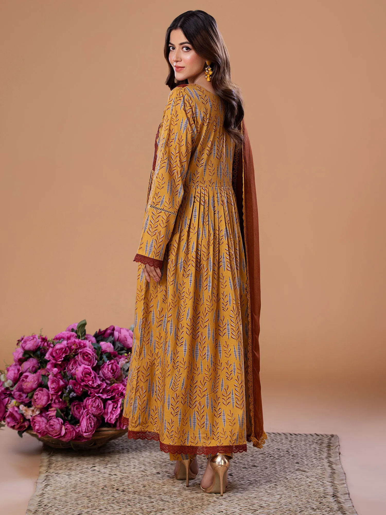 Heera's Brown Cambric 3-Piece Frock Suit