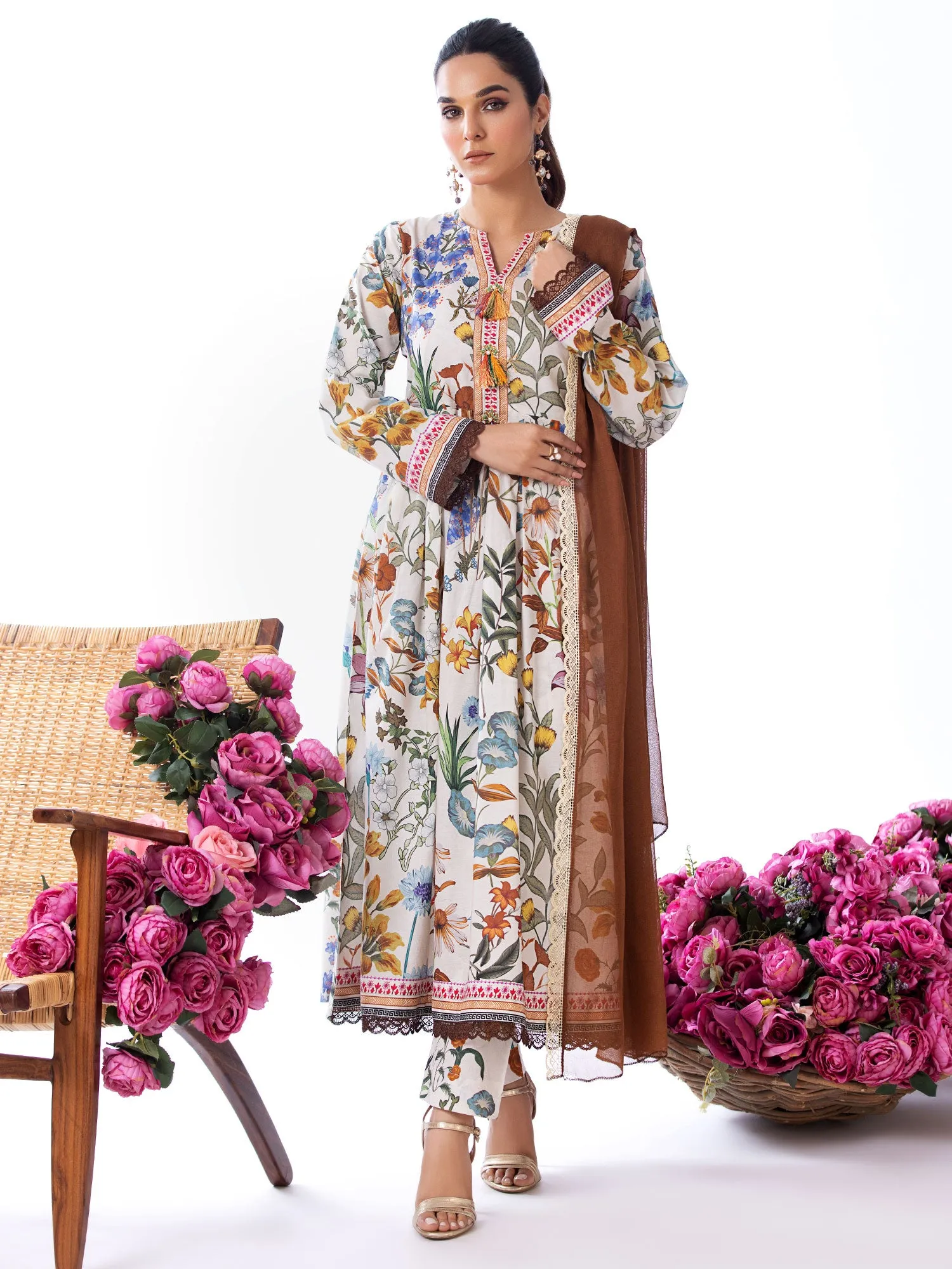 Heera's Off-White Long Floral Cambric Frock Suit