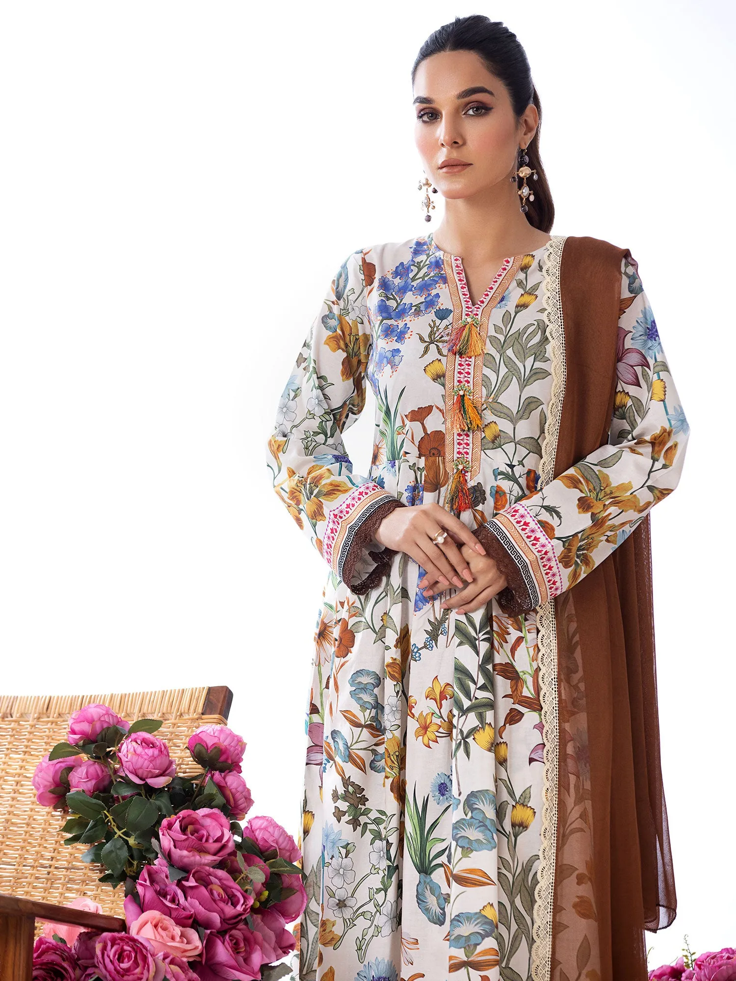 Heera's Off-White Long Floral Cambric Frock Suit