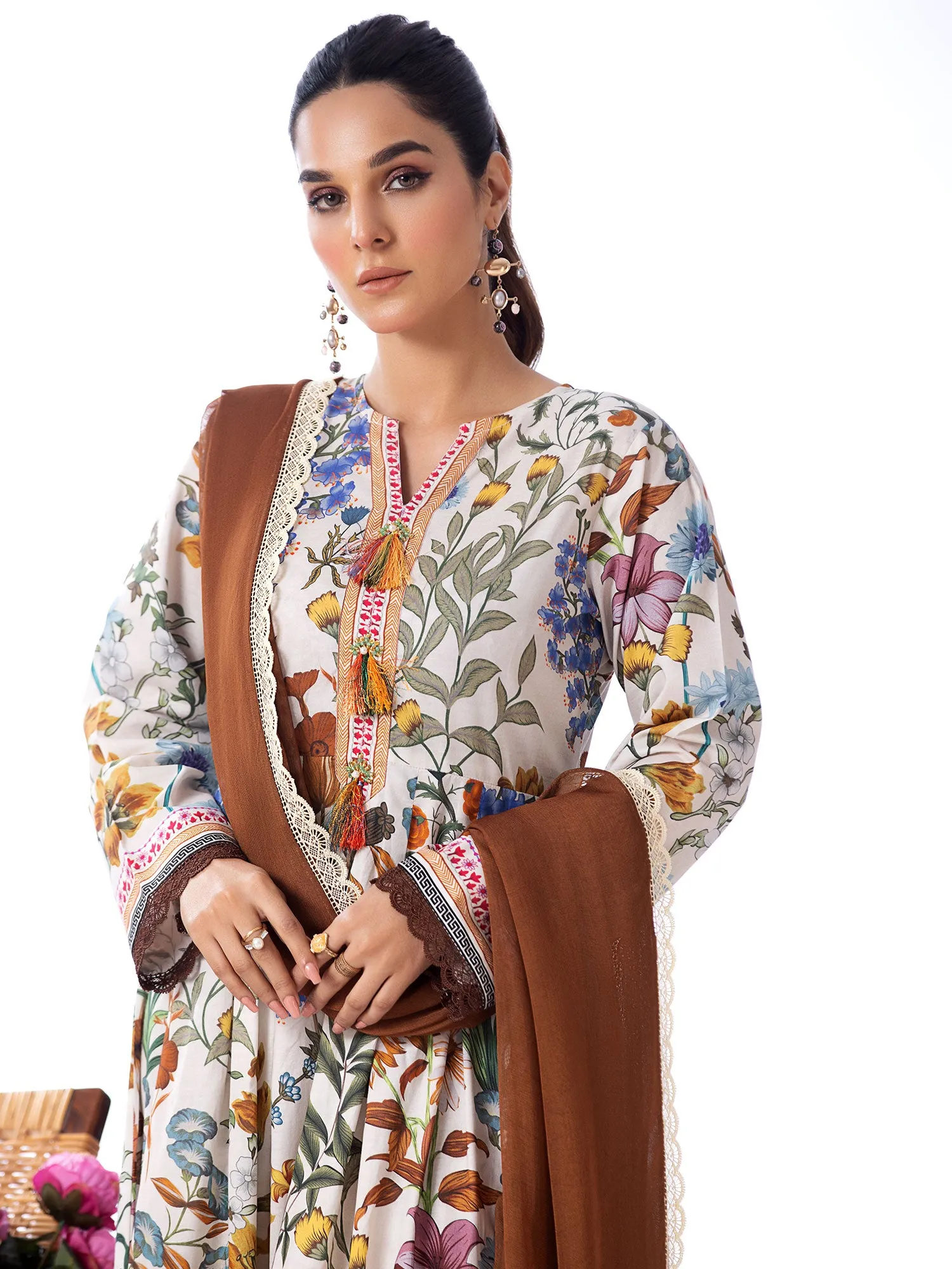 Heera's Off-White Long Floral Cambric Frock Suit