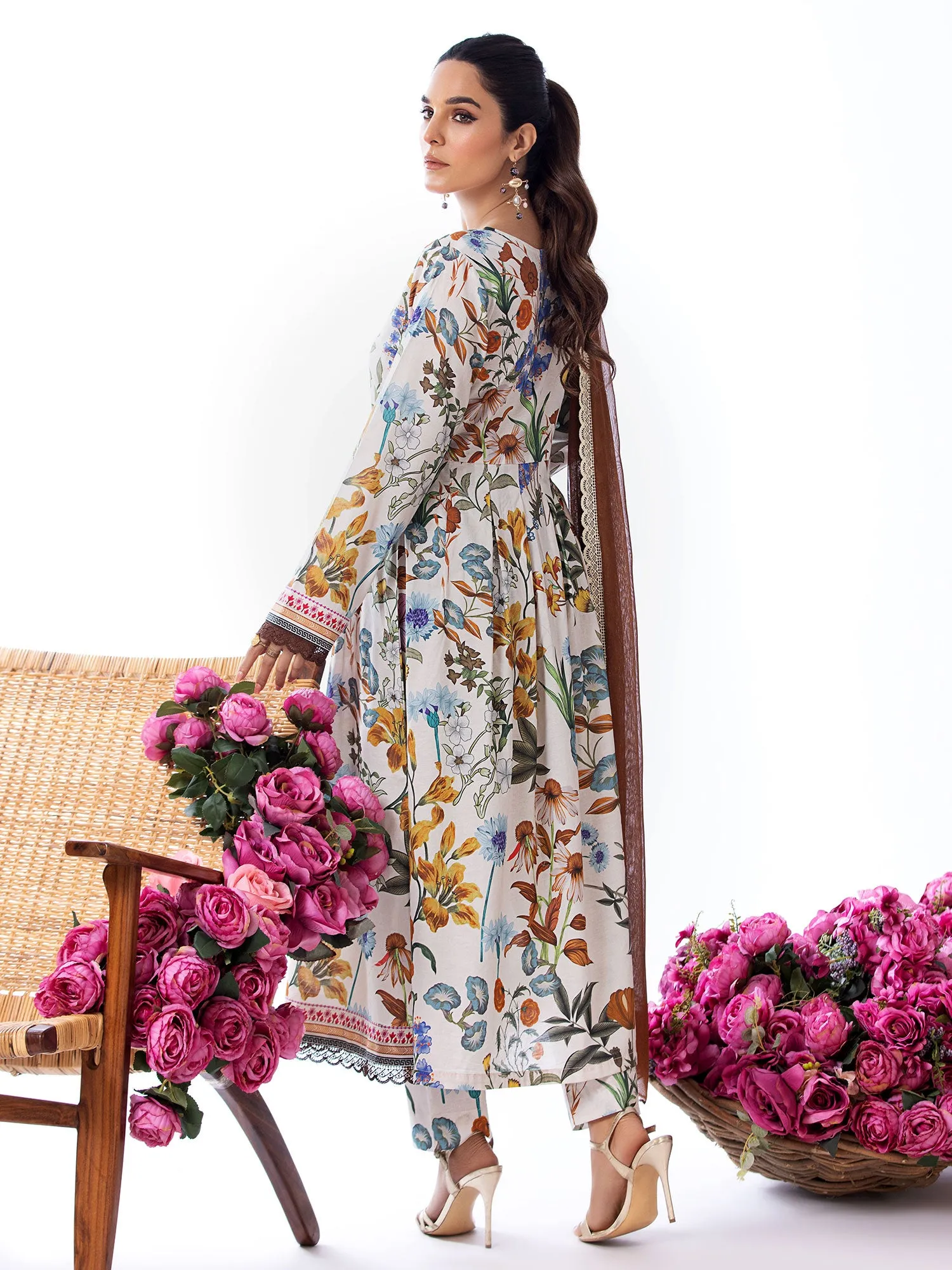 Heera's Off-White Long Floral Cambric Frock Suit