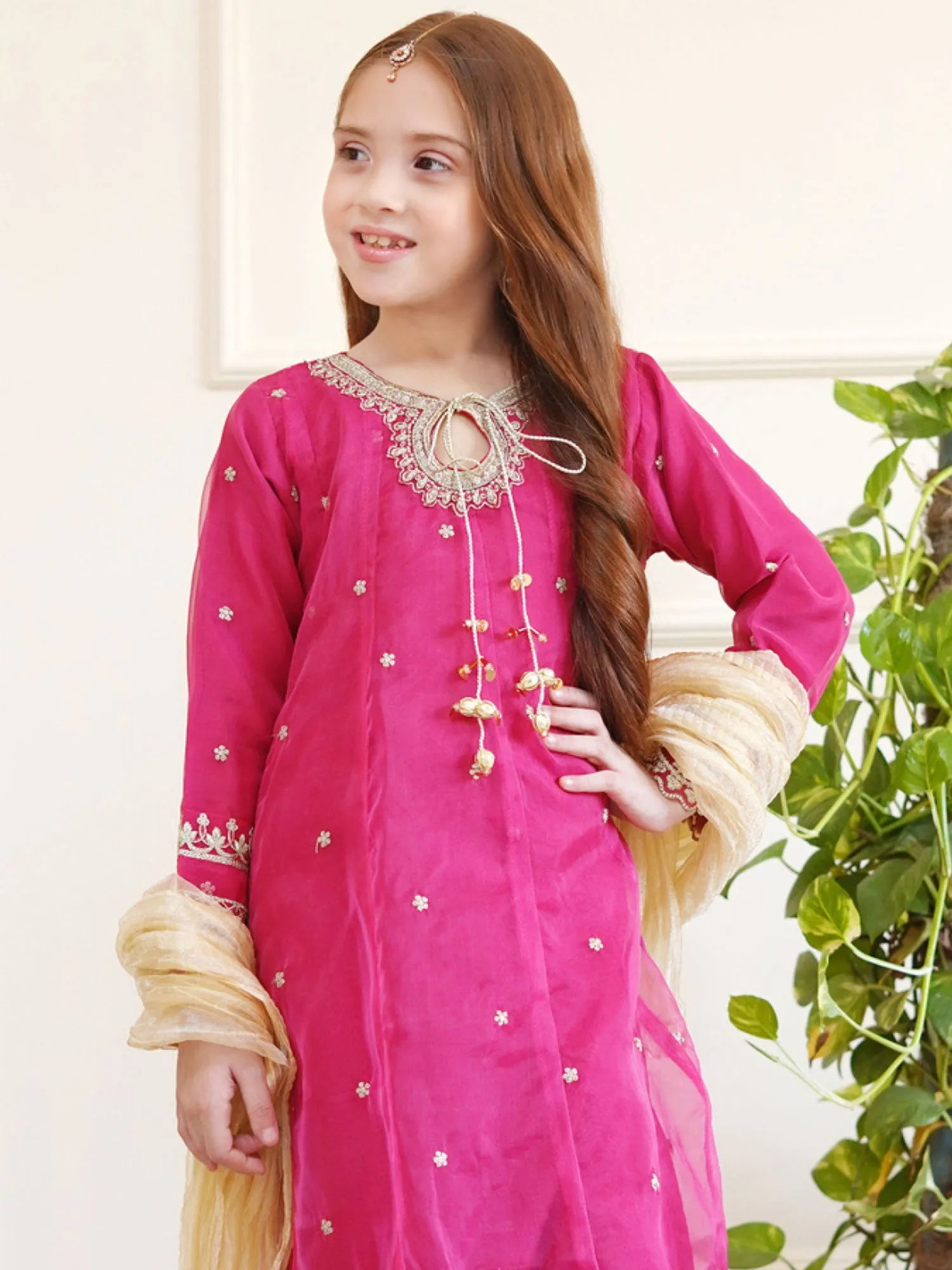 Kids Magenta Embroidered Organza Frock Suit