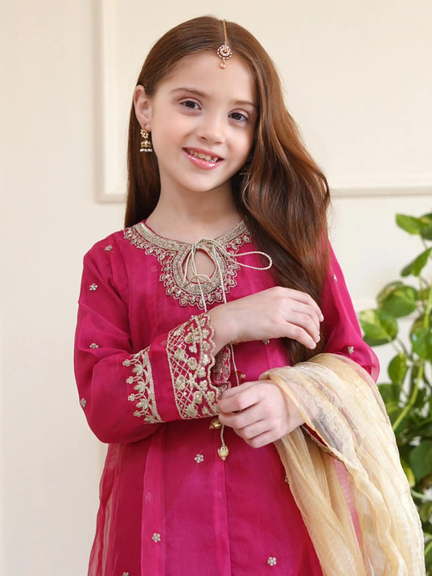 Kids Magenta Embroidered Organza Frock Suit