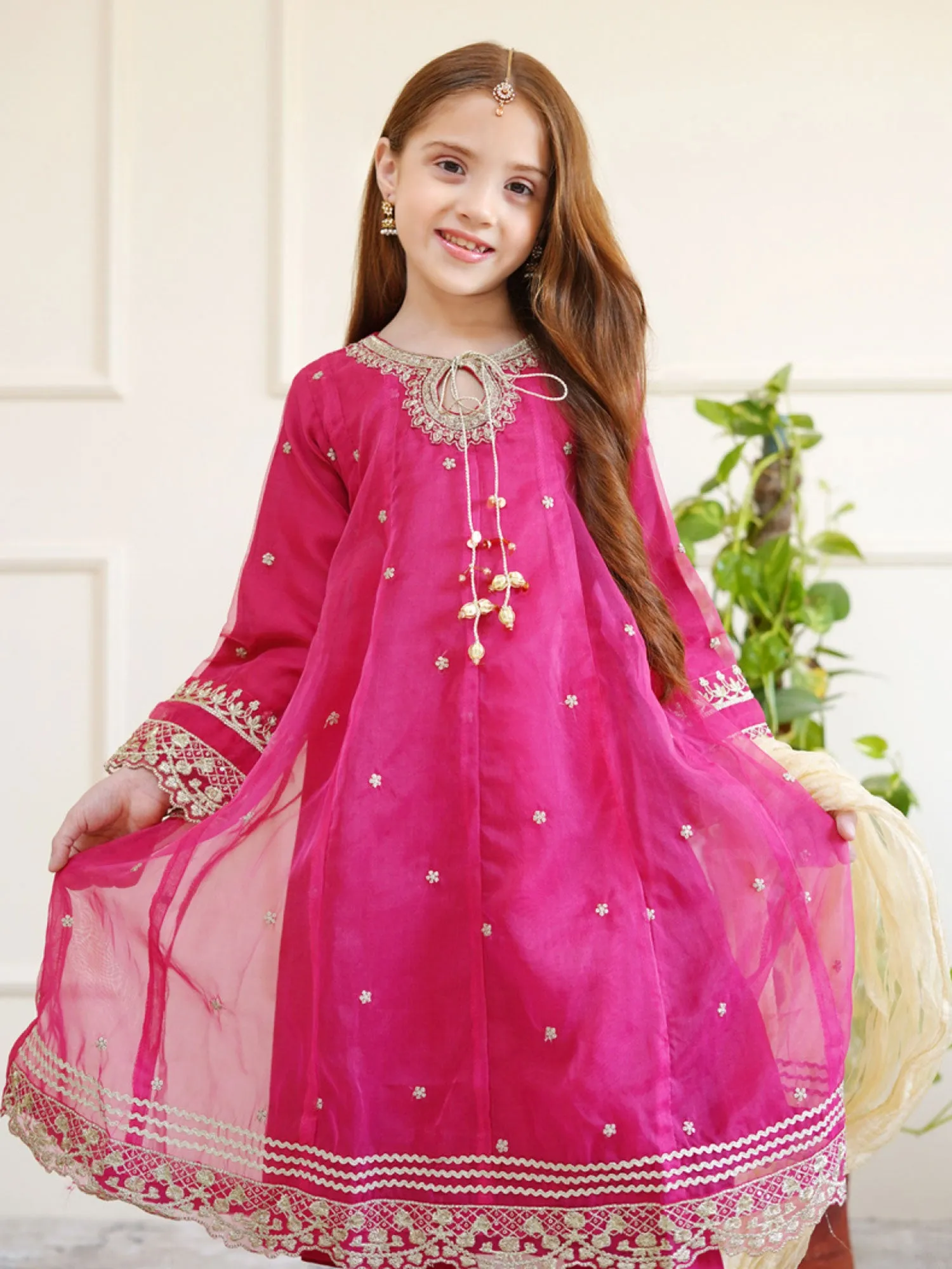 Kids Magenta Embroidered Organza Frock Suit