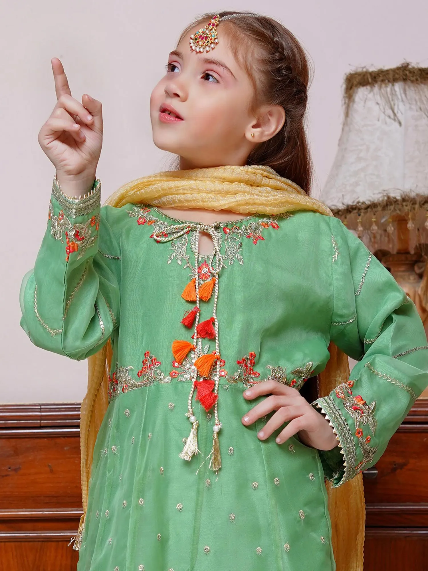 Kids Mint Green Embroidered Organza 3-Piece Frock Suit