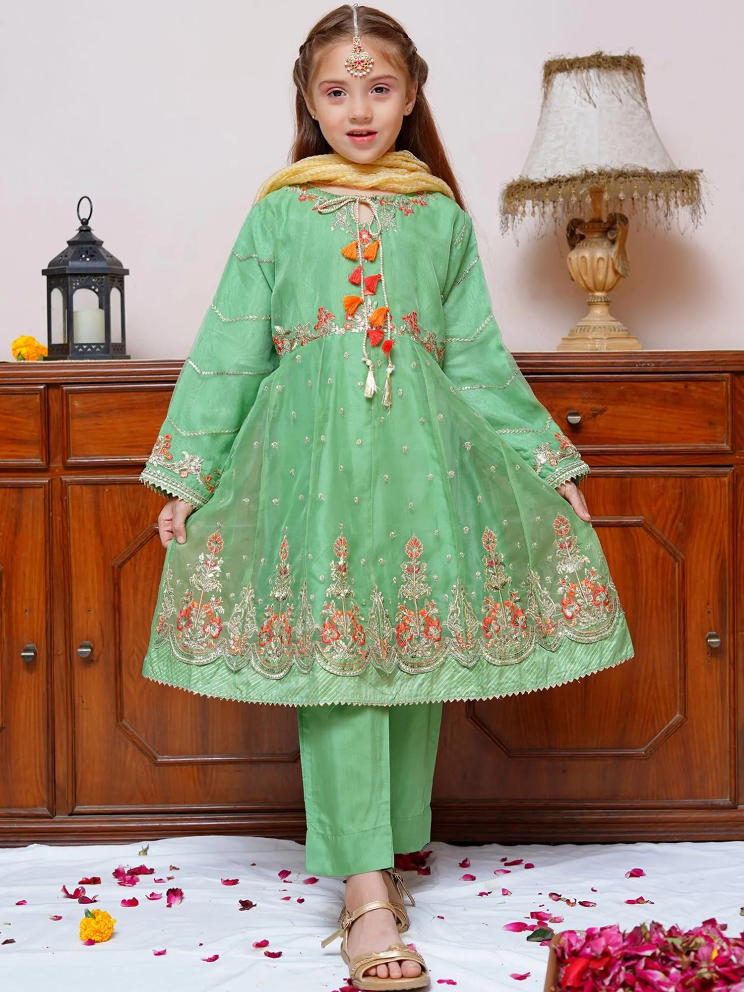 Kids Mint Green Embroidered Organza 3-Piece Frock Suit