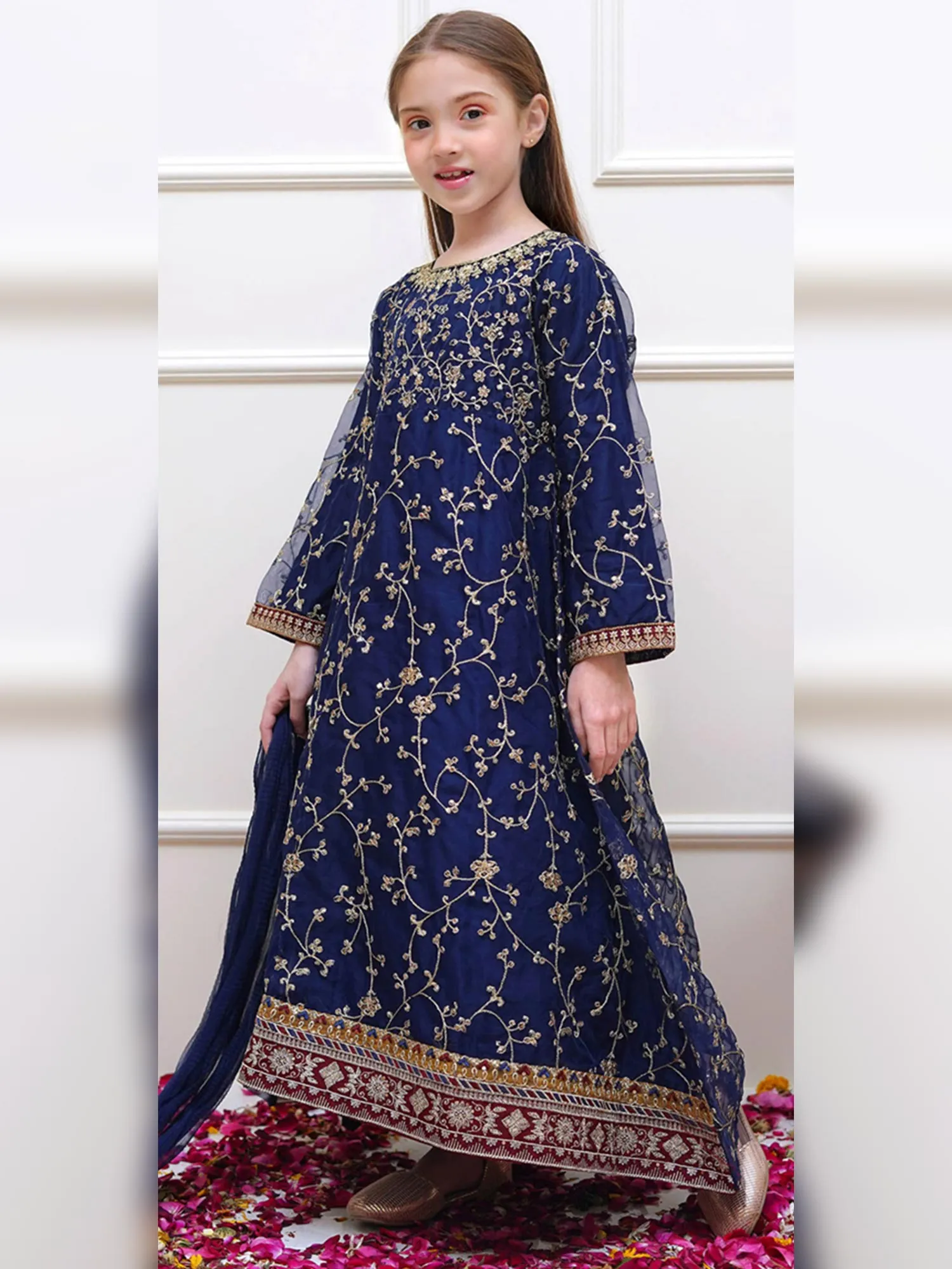 Kids Navy Blue Embroidered Organza Maxi Frock Suit