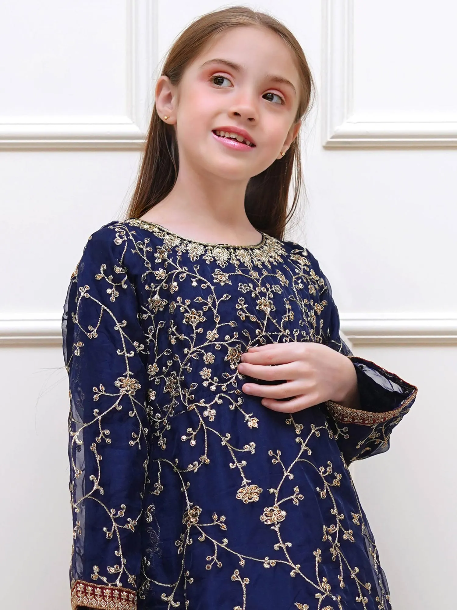 Kids Navy Blue Embroidered Organza Maxi Frock Suit