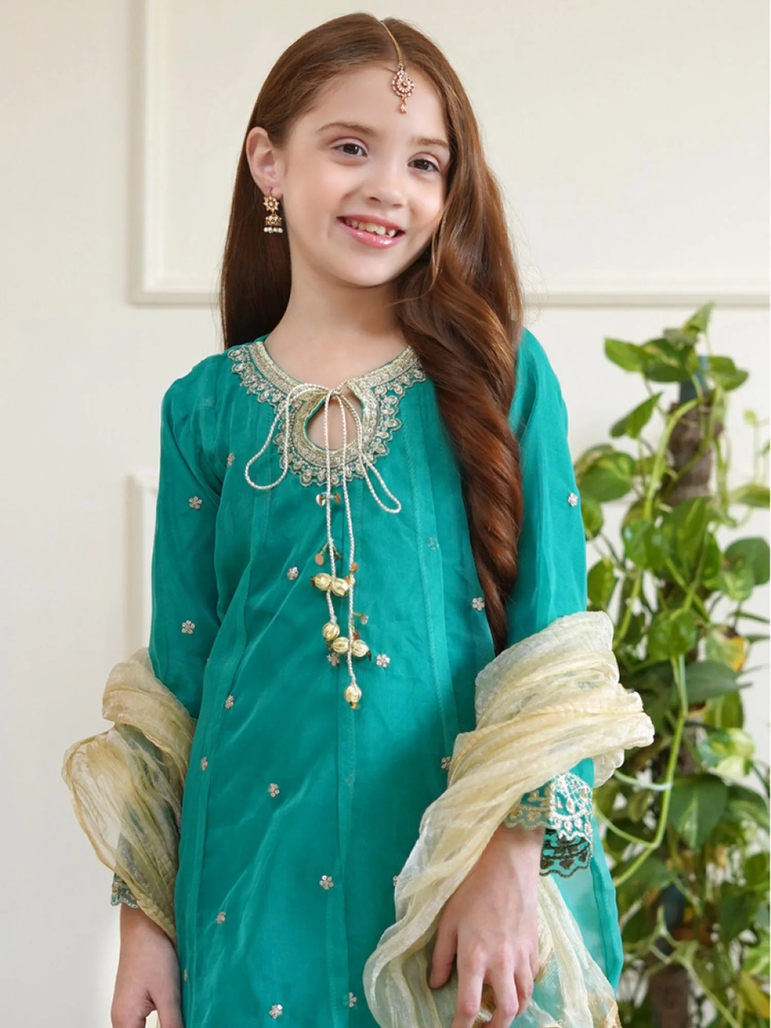 Kids Sea Green Embroidered Organza Frock Suit