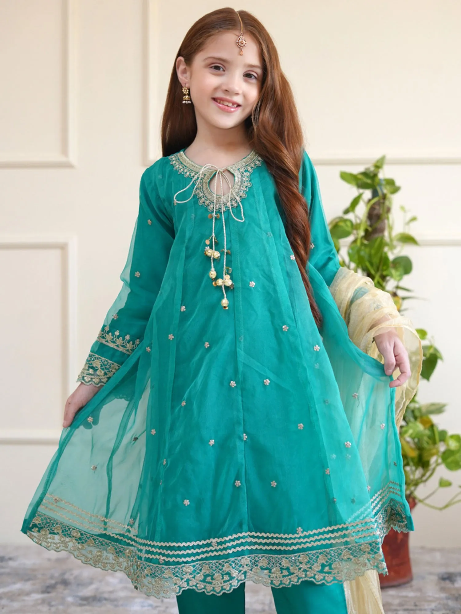 Kids Sea Green Embroidered Organza Frock Suit