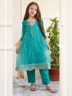 Kids Sea Green Embroidered Organza Frock Suit