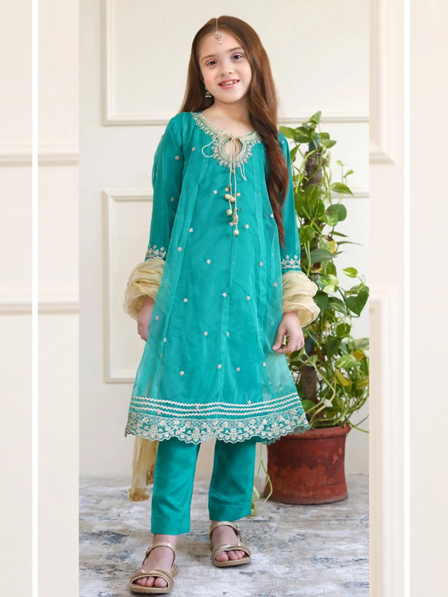 Kids Sea Green Embroidered Organza Frock Suit