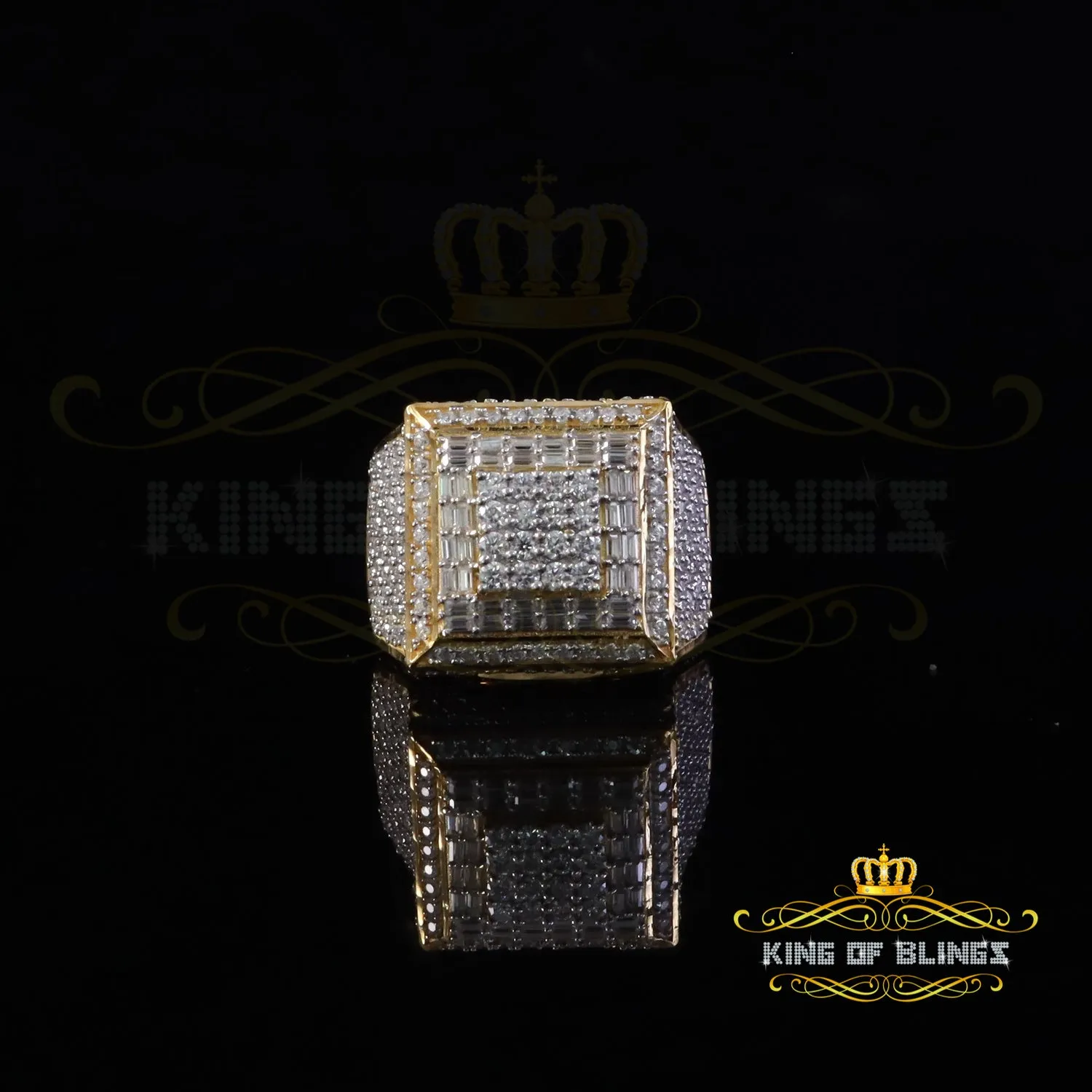 King of Bling's 925 Sterling Silver 4.50ct VVS 'D' Moissanite Yellow Square Rings Size 10 Men's