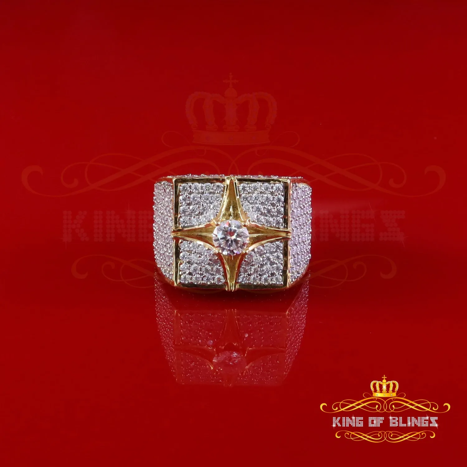 King of Bling's 925 Yellow Sterling Silver 7.00ct VVS 'D' Moissanite Square Men's Rings Size 10