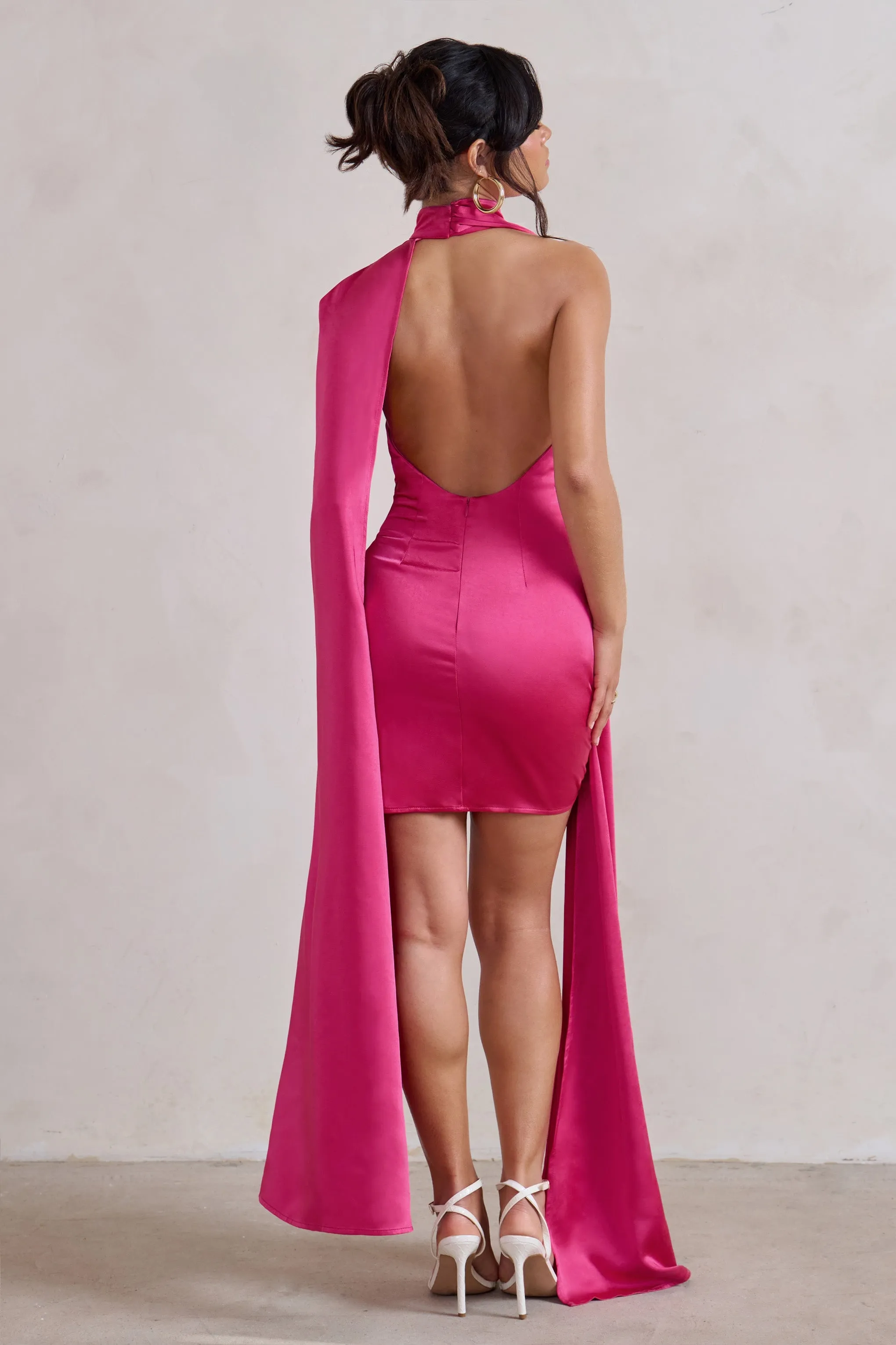 Laurelie | Hot Pink Satin Statement Cape Design Mini Dress