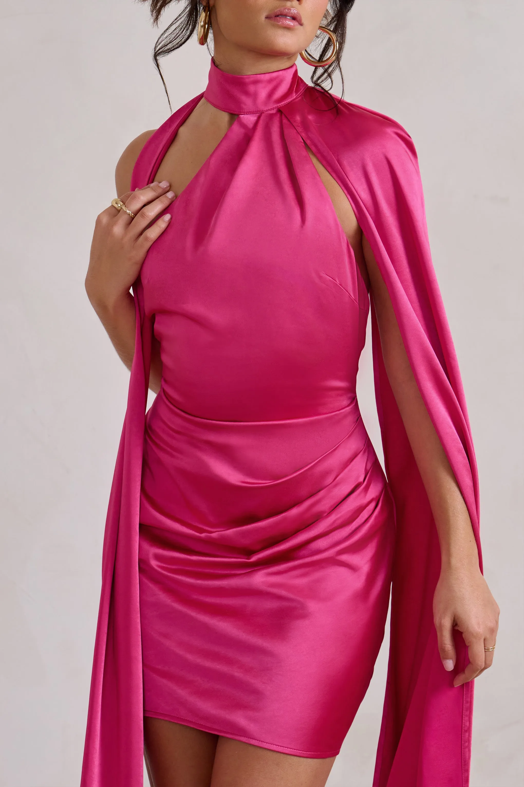 Laurelie | Hot Pink Satin Statement Cape Design Mini Dress