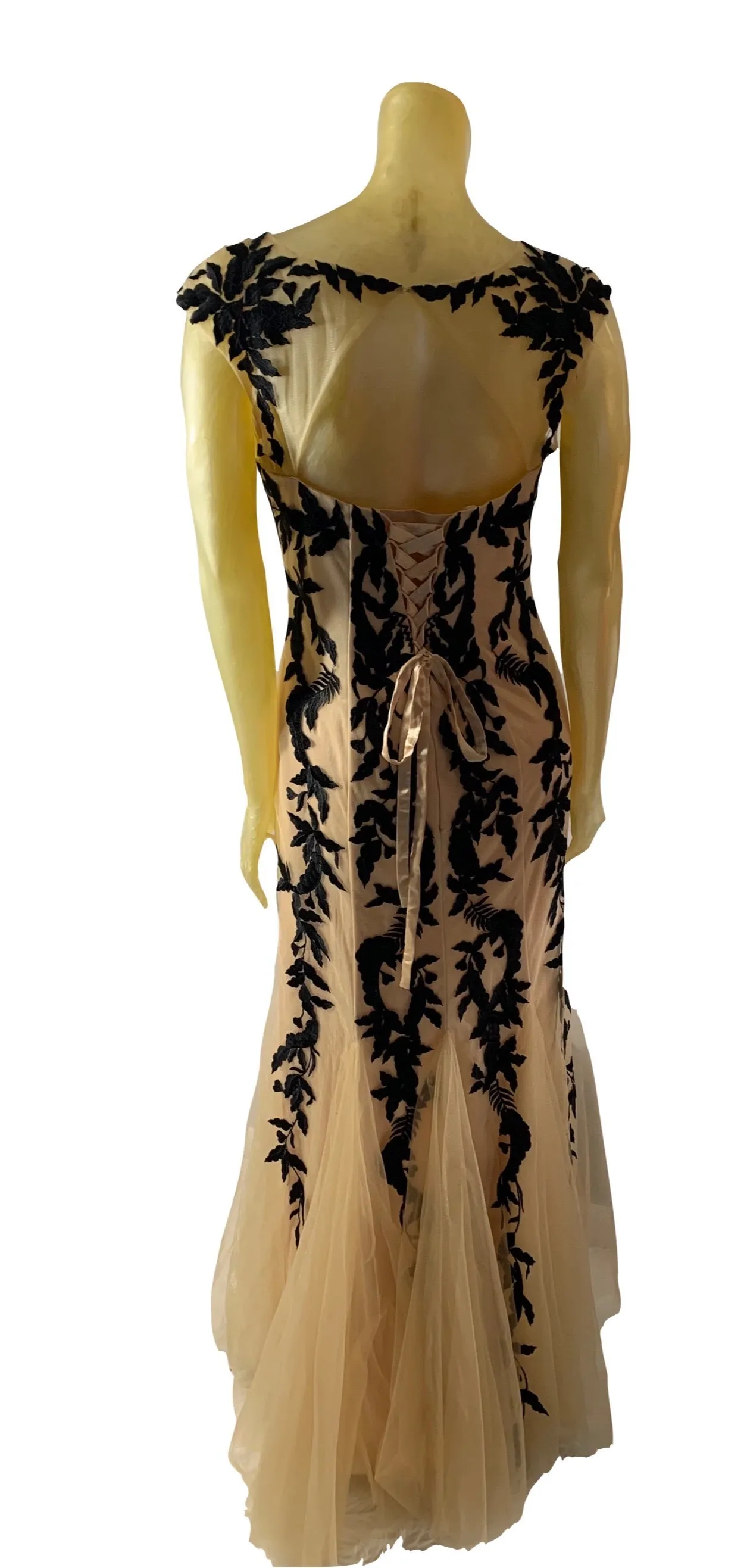 Leaf lace evening gown with black wrap