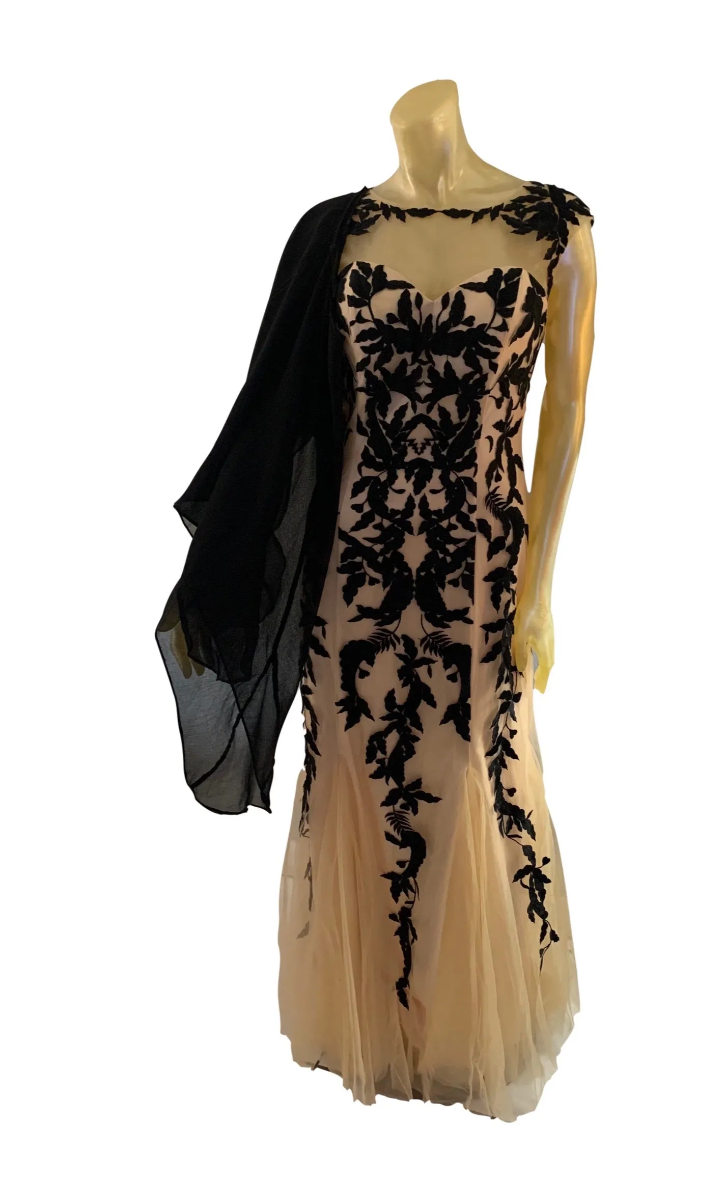 Leaf lace evening gown with black wrap