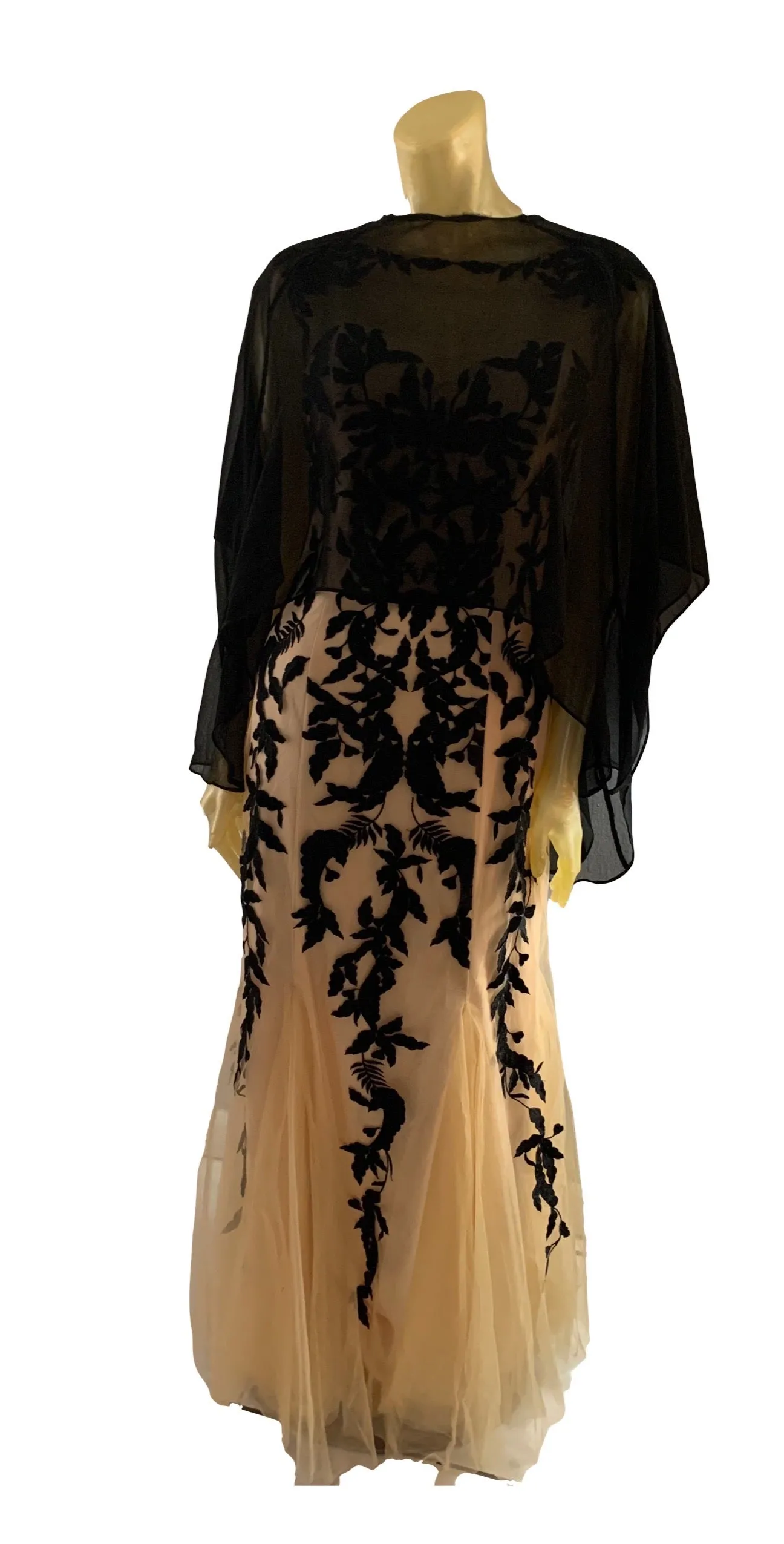 Leaf lace evening gown with black wrap