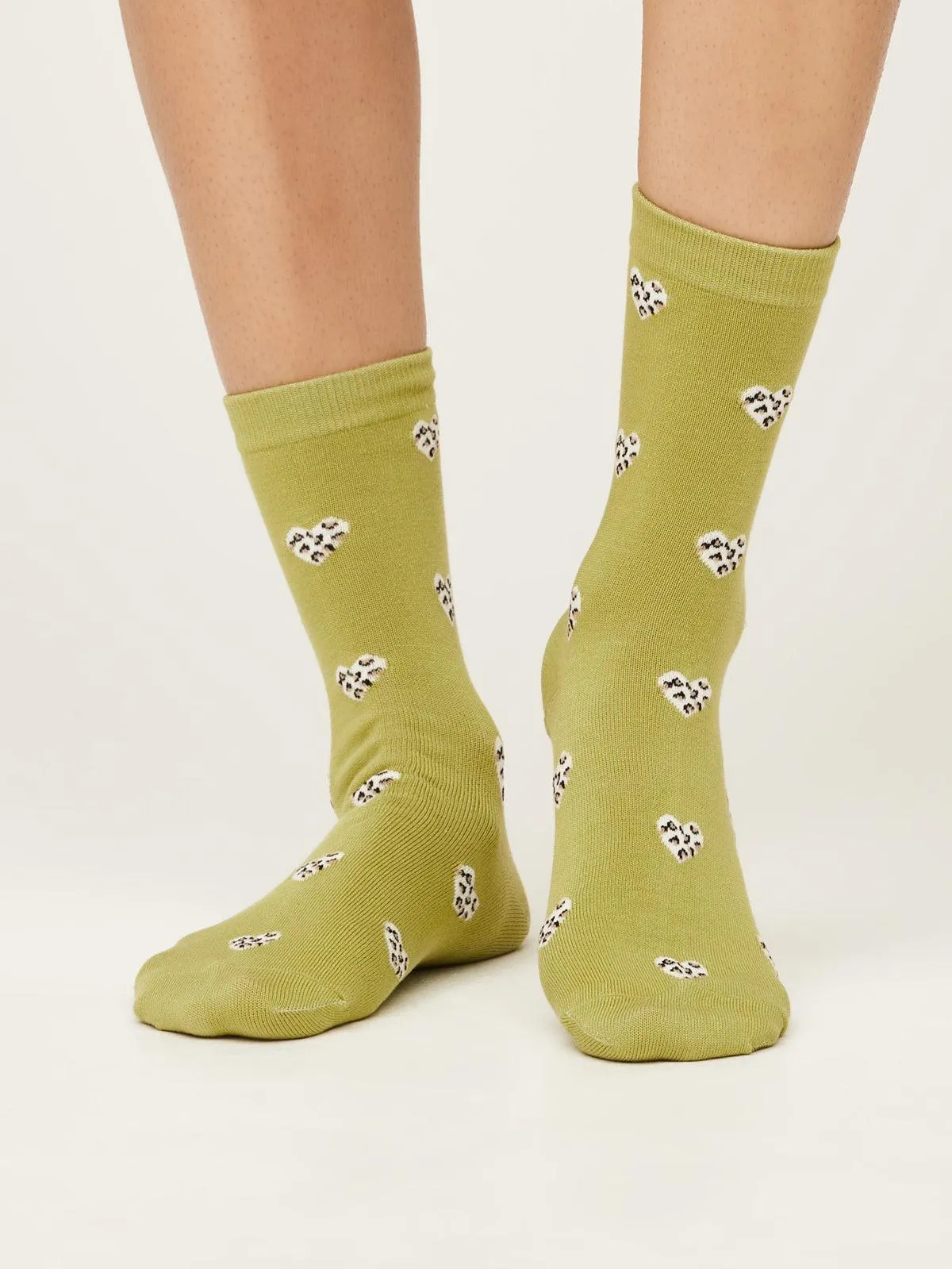 Leopard Heart Socks - Pea Green