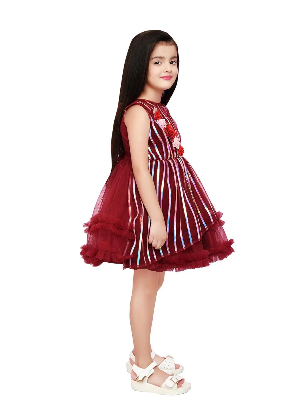 Maroon Coloured Stripe Style Pattern Frock For Girls