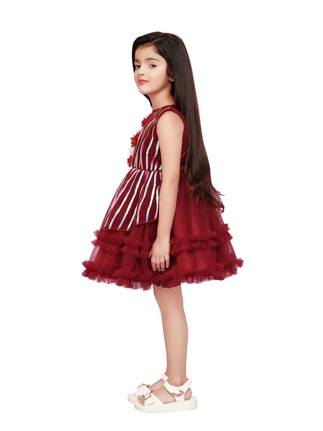 Maroon Coloured Stripe Style Pattern Frock For Girls