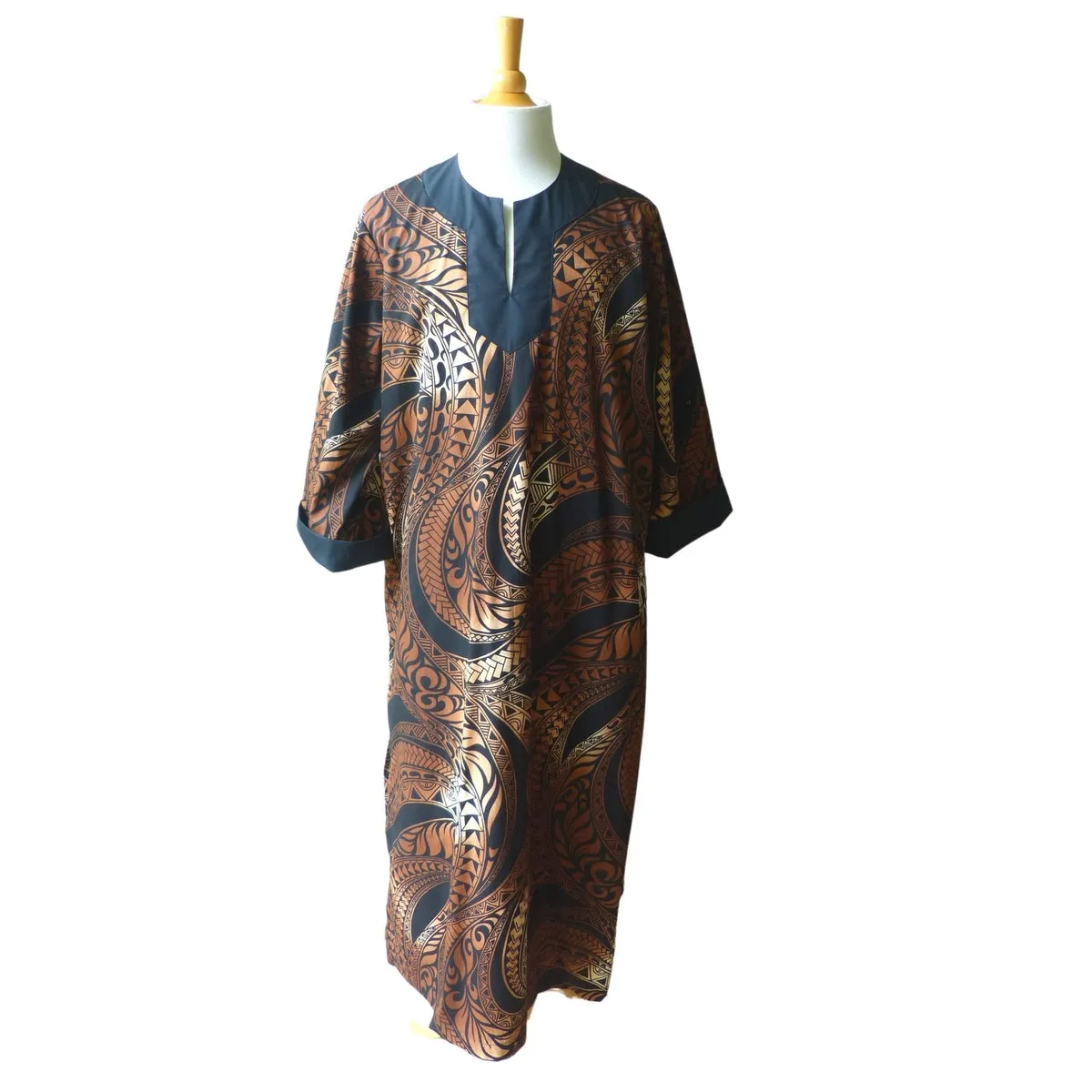 Men's Muumuu Kaftan | Ombre Bronze, Blue, Red, Black Tapa Print | Long Shirt