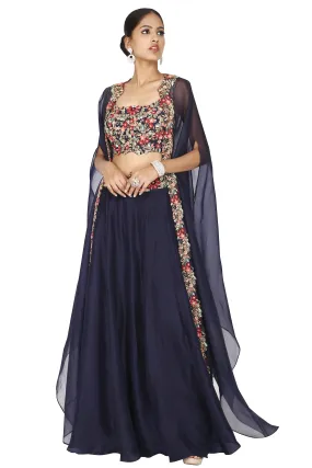 Navy Blue Embroidered Cape and Skirt Set.