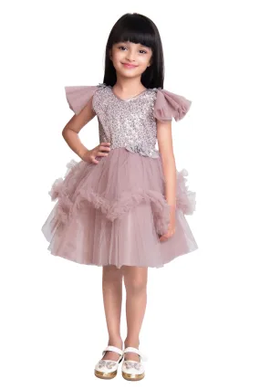 Orchid Coloured Embellished Simple Design Net Party Wear Frock For Girls