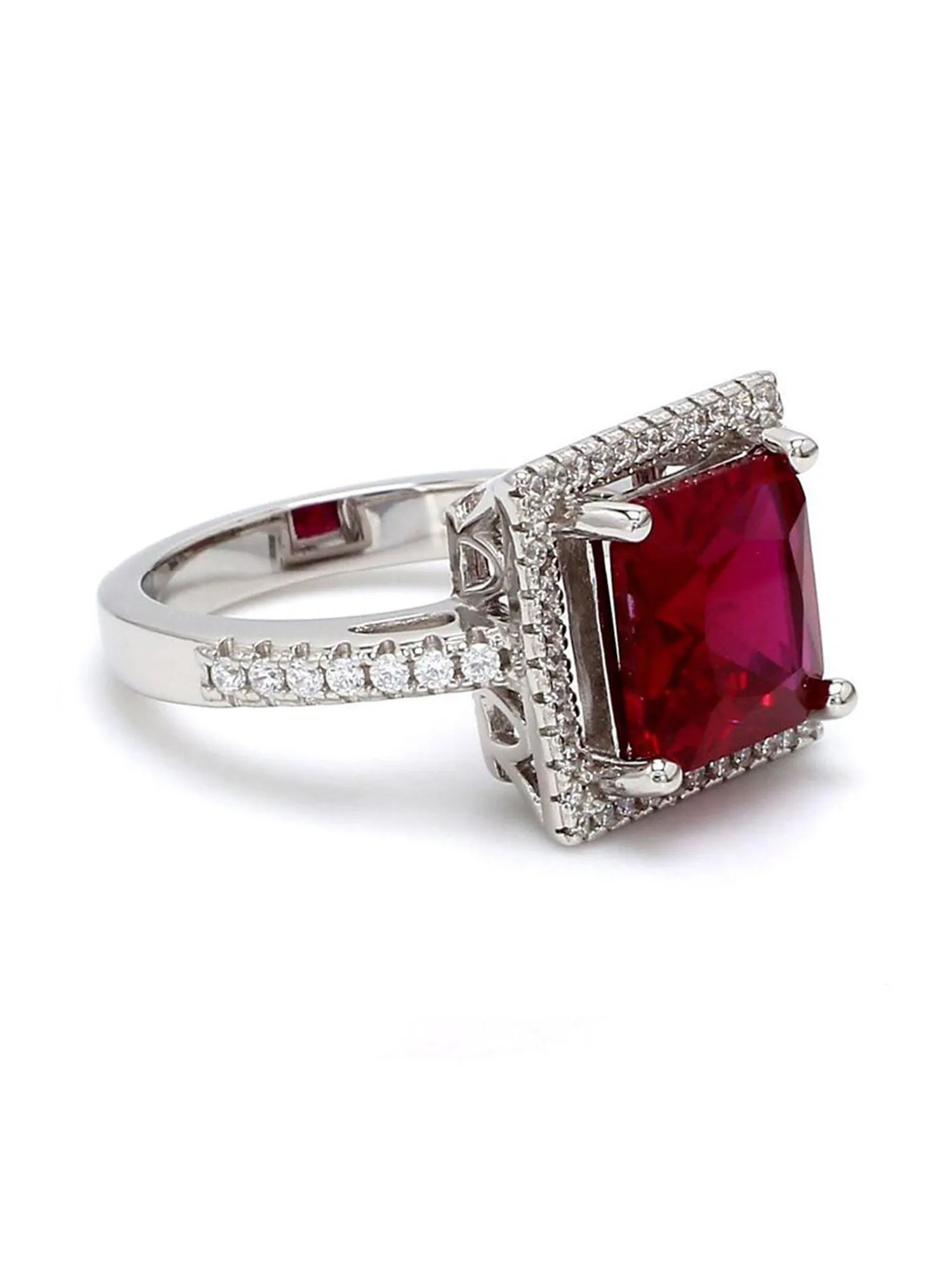 Red Ruby And American Diamond Princess Cut Party Wear Ring In 925 Sterling Silver