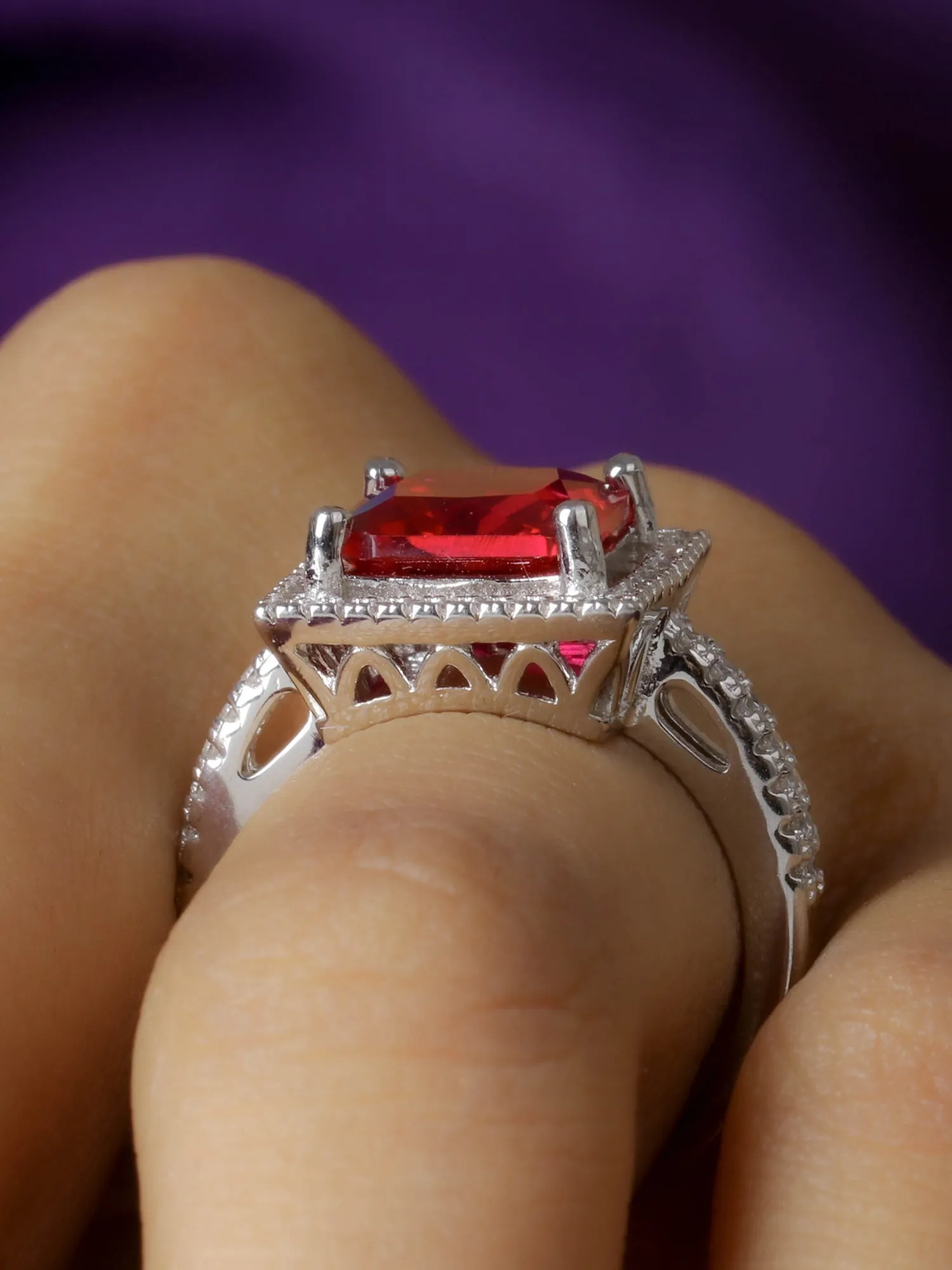 Red Ruby And American Diamond Princess Cut Party Wear Ring In 925 Sterling Silver