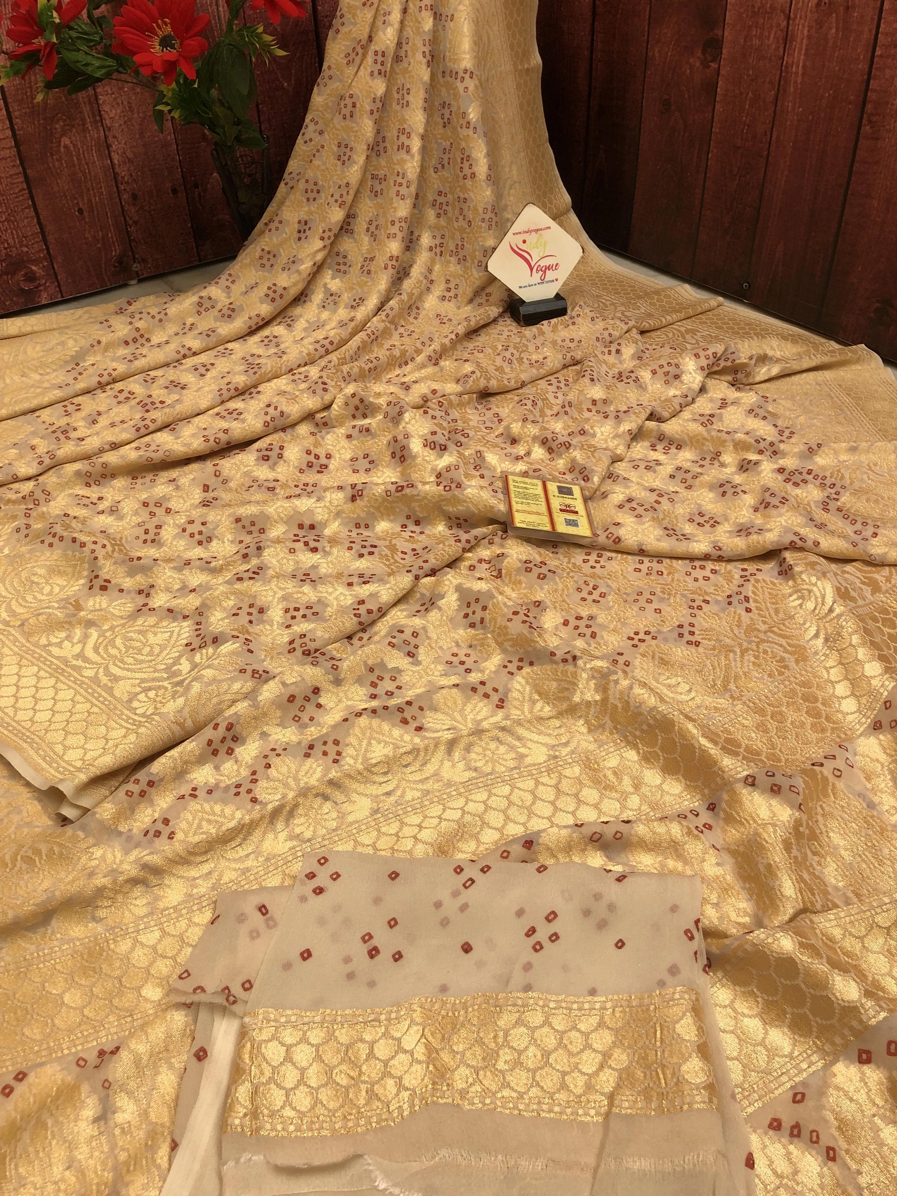 Rich Cream Color Georgette Banarasi with Jaal & Hand Bandhani Work