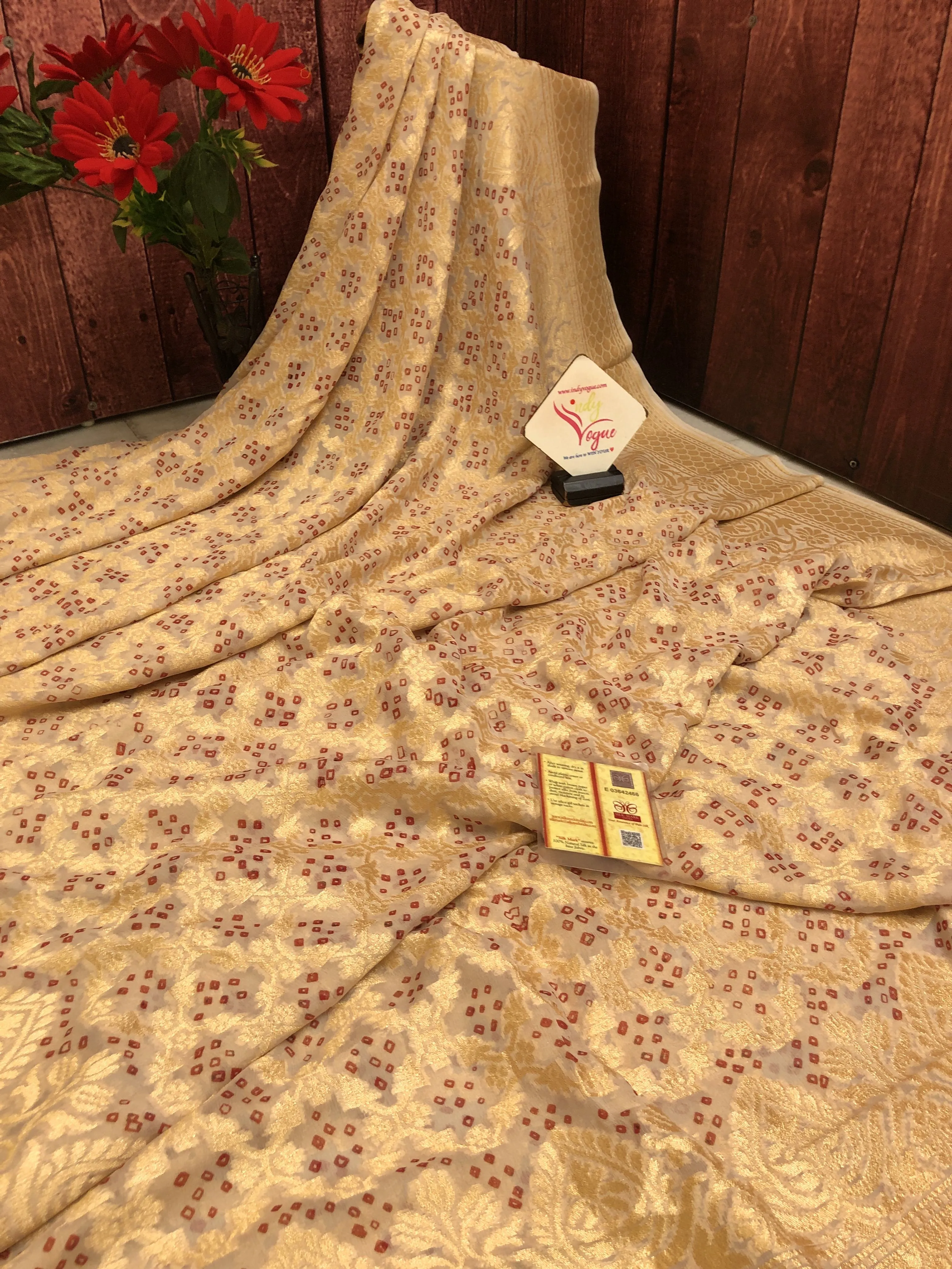 Rich Cream Color Georgette Banarasi with Jaal & Hand Bandhani Work