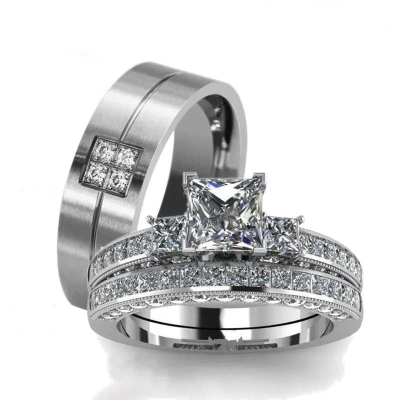 Silver Cubic Zirconia Stainless Steel Wedding Bands Set