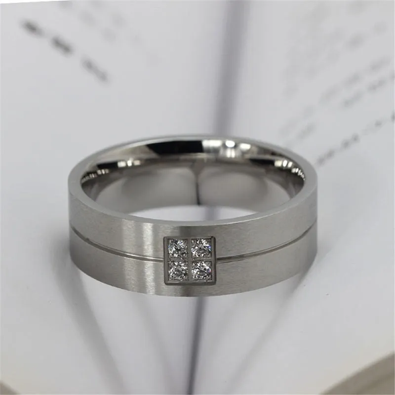 Silver Cubic Zirconia Stainless Steel Wedding Bands Set